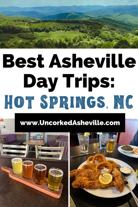 Hot Springs, NC Things To Do Pinterest pin with image of Max Patch hike with blue and green mountains, image of flight of amber to golden beer at Big Pillow Brewing, and plate of fried catfish from Iron Horse Station Restaurant and Tavern Hot Springs Nc, Hot Springs Nc North Carolina, Hot Springs North Carolina, Asheville Nc Things To Do In, North Carolina Attractions, North Carolina Travel, Banner Elk, Family Road Trips, Road Trippin