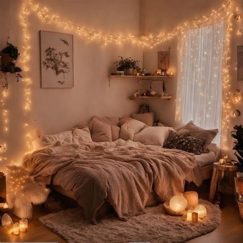 Small Cosy Room Ideas, Neutral Aesthetic Bedroom Decor, Fluffy Room Ideas, Fluffy Bedroom Aesthetic, Rustic Cozy Room Ideas Aesthetic, Cozy Bed Corner, Cozy Astetic Bedrooms, Warm And Cozy Bedroom Ideas, Cozy Room Colors