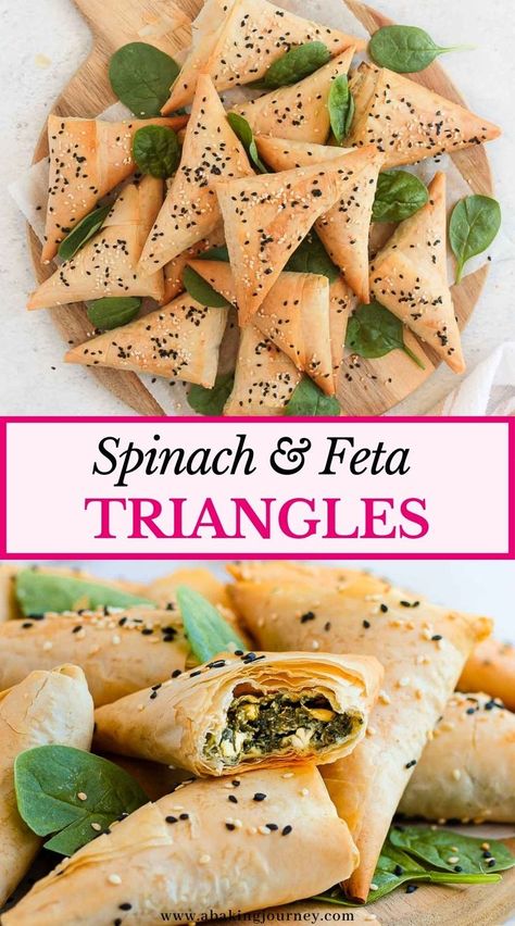 Spanakopita Triangles, Hygge Recipes, Vegetarian Finger Food, Savoury Finger Food, Phyllo Pastry, Bite Size Food, Afternoon Tea Recipes, Spinach Feta, Greek Cooking