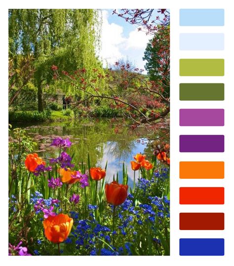 Colour palette inspired by Monet's Garden Monet Palette, Color Knowledge, Monet's Garden, Colour Themes, Create Color Palette, Colour Inspiration, Wedding Theme Colors, Enchanted Garden, Colorful Garden