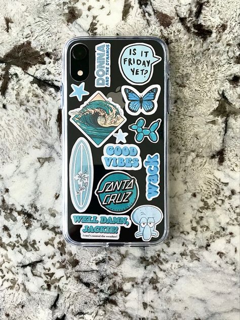 Custom Phone Cases Ideas, Clear Phone Case Design, Blue Stickers, Diy Phone Case Design, Cute Iphone Cases, Blue Phone Case, Diy Case, Iphone Case Stickers, Diy Iphone Case