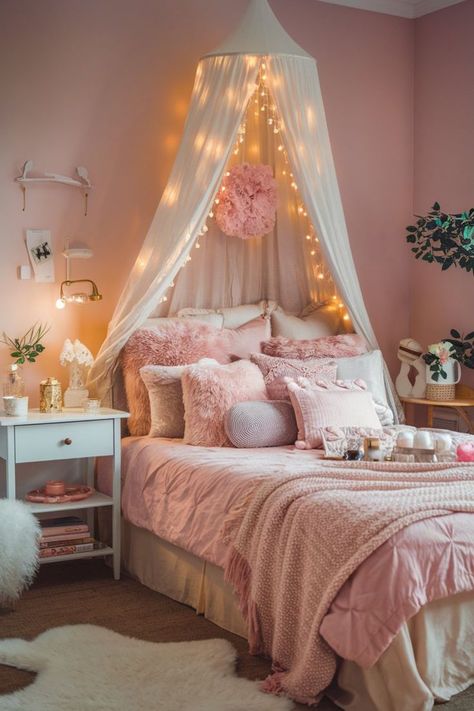 Girly bedroom with soft pink bedding, white accents, and fairy lights. Girly Boho Bedroom, Soft Bedroom Ideas, White Cozy Bedroom, Boho Room Decor Ideas, Young Woman Bedroom, White Lights Bedroom, Pastel Bedding, Bedroom Decor For Women, Soft Bedroom