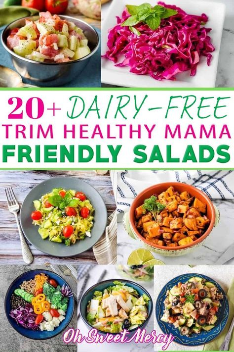 While salads are often thought of as summer foods, they’re a delicious choice any time of year. I’ve put together a collection of healthy, THM-friendly, and dairy-free salads for you to try. Meet your plant-based eating goals with these easy, fresh, healthy salads all year long – and not just lettuce salads, either! | @OhSweetMercy #trimhealthymamadiet #trimhealthymamarecipes #bestdairyfreesalads #trimhealtymamabeginner #thmsaladrecipes #thmsummerrecipes Dairy Free Salad Recipes, Trim Healthy Mama Salads, Vinegrette Recipe, Dairy Free Salad, Lettuce Salads, Dairy Free Dressing, Trim Healthy Mama Diet, Thm Dinner, Dairy Free Salads