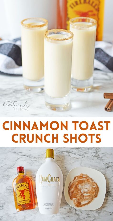 Pumpkin Pie Shots Rumchata, French Toast Shots, Cinnamon Toast Shots, Cinnamon Toast Crunch Shots Recipe, Festive Shots Holiday Drinks, Fireball Rumchata Shots, Shots With Fireball Whiskey, Rumchata Fireball Shots, Christmas Drinks With Fireball