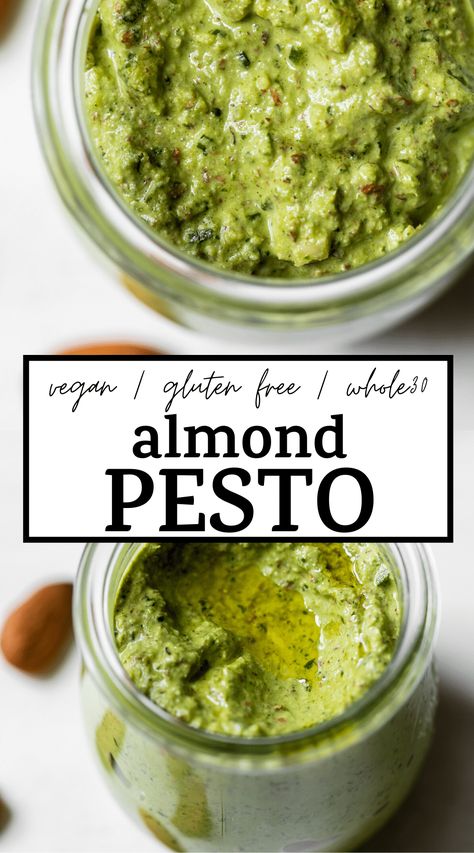 Easy ALMOND PESTO that's made with only 5 ingredients and is ready in 5 minutes! It's delicious on pasta, meatballs and with vegetables #pesto #almondpesto Vegan Pistachio, Vegan Pesto Recipe, Vegan Pesto Pasta, Vegan Sauce, Almond Pesto, Vegan Dips, Lemon Pesto, Healthy Sauces, Arugula Pesto