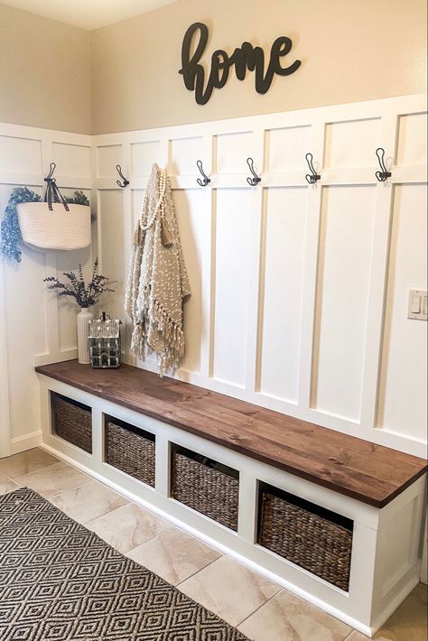 DIY Board and Batten with built in bench, entry way Back Mudroom Ideas, Mud Bench, Batten Diy, Entry Makeover, Hallway Organization, Mudroom Remodel, Mudroom Bench With Storage, Mud Room Entry, Mudroom Bench Ideas