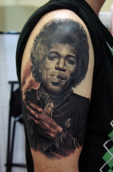 Jimi Hendrix Fan Tattoo Hendrix Tattoo, Jimmy Hendricks, Jimi Hendrix Tattoo, Black People Tattoos, Exotic Tattoos, Jimmy Hendrix, Pride Tattoo, Tribute Tattoos, Fan Tattoo