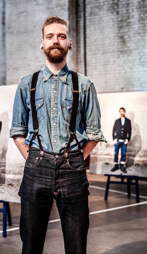 Jeans And Suspenders Mens, Suspenders Outfit Mens, Heritage Style Men, Jeans Suspenders, Vintage Men Style, Denim Shirt With Jeans, Leather Suspenders, Gq Style, Under My Skin