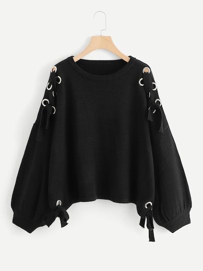 Shop Plus Lantern Sleeve Grommet Knot Jumper online. SheIn offers Plus Lantern Sleeve Grommet Knot Jumper & more to fit your fashionable needs. Áo Blu, Mode Emo, Sweaters Black, Front Sweater, Black Pullover, Mode Kpop, Bishop Sleeve, Kawaii Clothes, 여자 패션