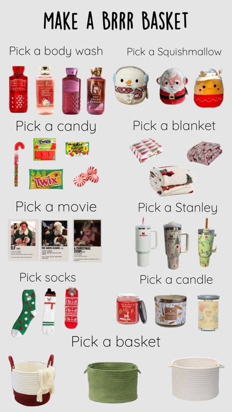 Make a Christmas Brrr Basket!!! Brr Basket Boys, Cute Homemade Christmas Gifts Friends, Boy Brr Basket, Board Game Basket Gift Ideas, Christmas Baskets For Sister, Cute Diy Christmas Gifts For Family, Grinch Burr Basket, Christmas Bestie Basket, Christmas Themed Gift Basket Ideas