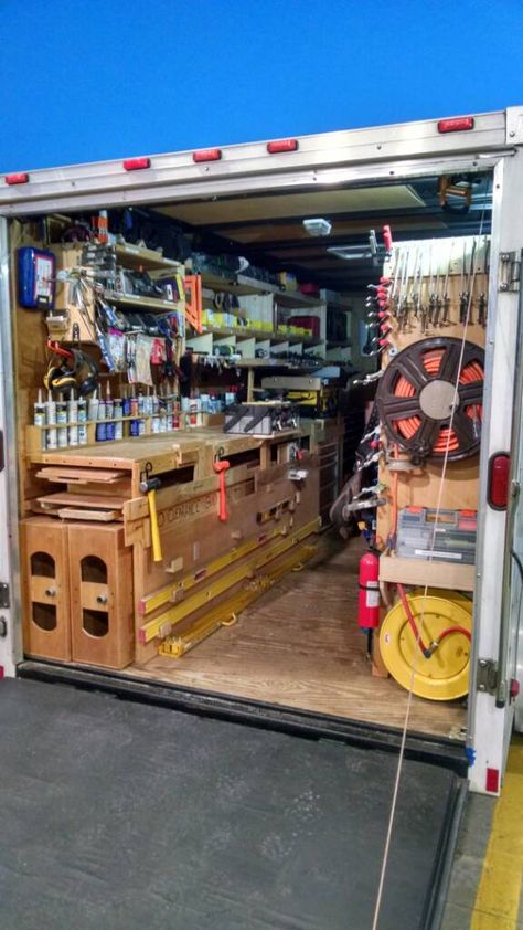 Metal Brake Storage, Workshop Trailer, Trailer Shelving, Trailer Workshop, Work Truck Organization, Construction Trailer, Tool Trailer, Van Organization, Truck Organization