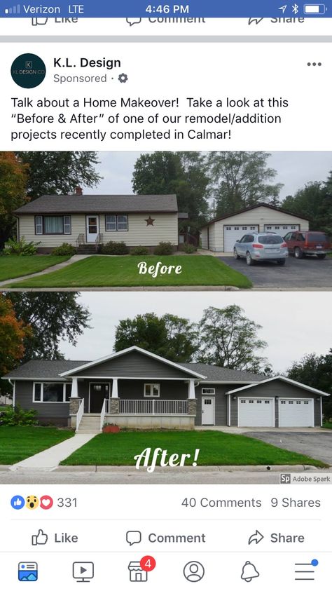 Love the blue and white ranch and attached 2 car garage. Perfect Renovation Facade, Ranch House Remodel, House Makeovers, Ranch Remodel, Porch Addition, Home Exterior Makeover, Exterior Makeover, Casa Exterior, Casa Container