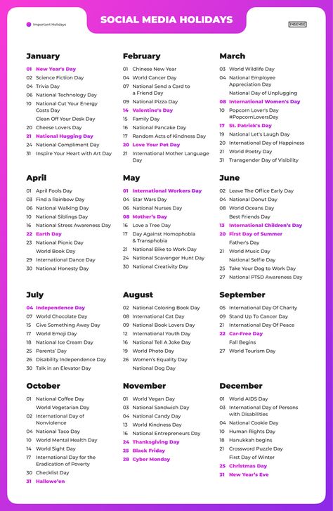 Fun Social Media Content Ideas, Editorial Calendar Example, Business Calendar Ideas, Social Media Content Ideas For Event Planners, May Content Calendar, Yearly Event Calendar, New Year Content Ideas Instagram, Social Media Holidays 2023, School Marketing Ideas Social Media