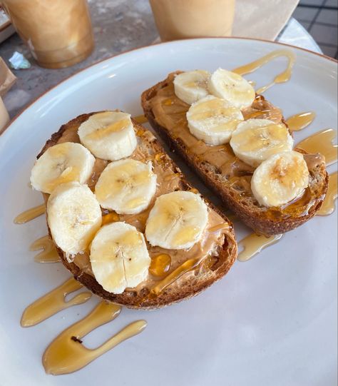 Toast With Banana And Peanut Butter, Peanut Butter Banana Honey Toast, Almond Butter Banana Toast, Peanut Butter Toast With Banana, Peanut Butter Banana Toast, Almond Butter Toast, Banana Honey, Honey Breakfast, Cafe Breakfast