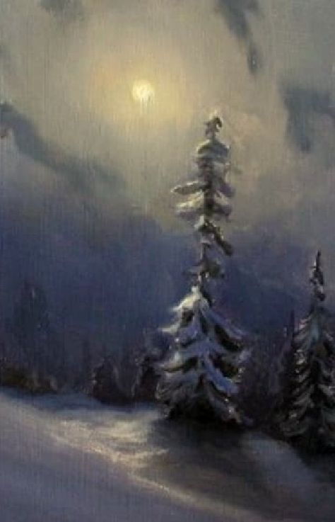 Snow Night Painting, Night Snow Painting, Winter Night Painting, Snow Landscape Painting, Painting Night, Night Sky Painting, Painting Snow, Winter Painting, Art Idea