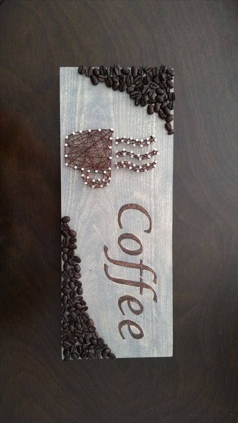 My recent homemade wood burning and string art project Art Using Coffee, فن الرسم بالمسامير, Coffee Bean Art, Student Crafts, Steampunk Crafts, String Wall Art, Nail String Art, String Crafts, Boho Painting