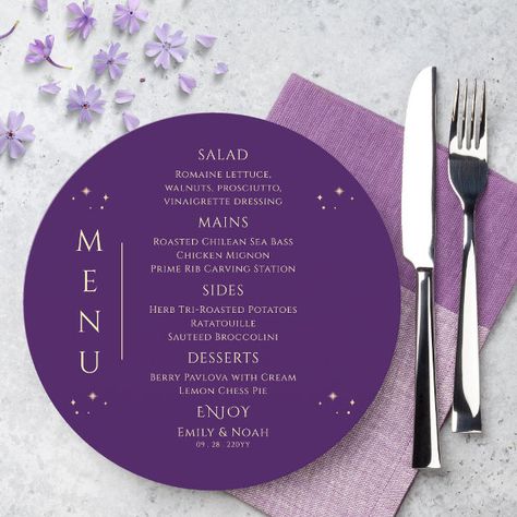 Mystical Purple Gold Sun Moon Stars Space Wedding Menu Purple Menu Card, Carving Station, Stars Space, Gold Calligraphy, Sun Moon Stars, Wedding Menu Cards, Space Wedding, Gold Sun, Calligraphy Script