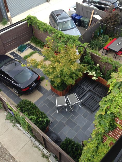 Backyard Parking Pad Ideas, Backyard Parking Ideas, Row House Backyard Ideas, Row House Front Yard Landscaping, Row House Front Yard, Row Home Backyard Ideas, City Patio, City Rowhome Curb Appeal, Row Home Layout