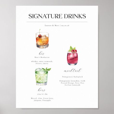 Signature Drinks Wedding Cocktails Poster. More drink images are available. Click "personalize" then click "edit using design tool". Reveal the additional drink options by clicking on the hidden eye icon next to each drink image. Click and drag to customize the sign with your custom cocktails! Sidecar Drink, Signature Drinks Wedding, Drink Image, Cocktails Poster, Cocktail Party Appetizers, Drinks Wedding, Eye Icon, Signature Cocktails Wedding, Wedding Extras