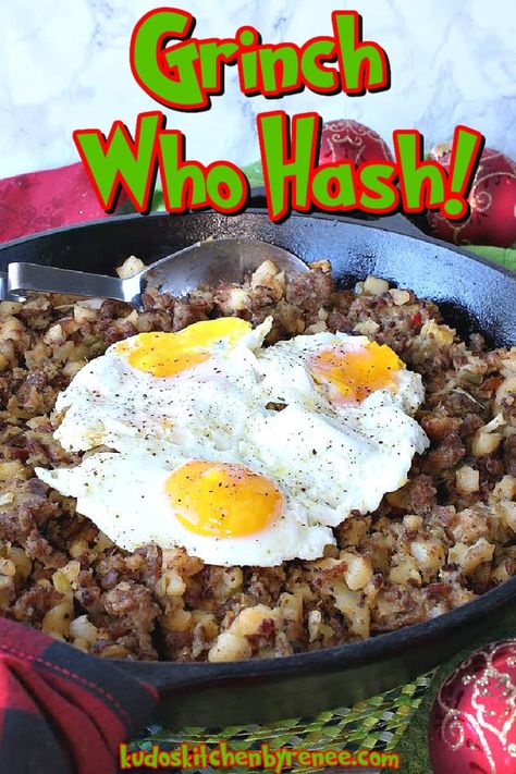 Grinch Who Hash is a combination of stuffing, O'Brien potatoes, and pork breakfast sausage? It's perfect for breakfast, lunch, and dinner. No wonder the Grinch would steal it because it's a winner! #hash #stuffing #leftovers #breakfastsausage #skilletbreakfast #skilletdinner #porksausage #hashrecipe #whohash #holidaybreakfast #obrienpotatoes #easyskilletrecipe #cookingwithleftovers #reusingleftovers #kudoskitchenrecipes Who Hash Recipe, Who Hash, Stuffing Leftovers, Pork Breakfast, Pork Breakfast Sausage, Easy Skillet Meals, Hash Recipe, Measuring Ingredients, Breakfast Hash