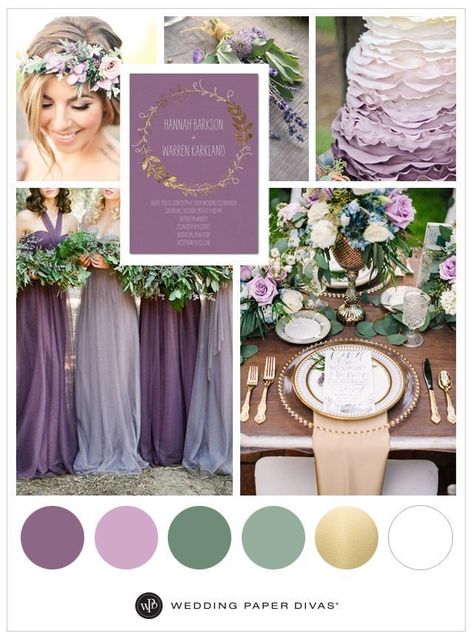 Lavender + Sage + Gold Lavender Color Scheme, Lavender Wedding Colors, Deco Violet, Lavender Wedding Theme, Lavender Wedding Cake, Purple And Green Wedding, Portrait Neckline, Bright Bouquet, Purple Bouquets