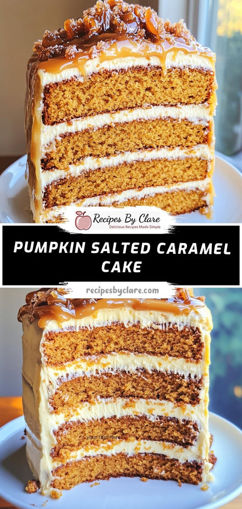 Indulge in this luscious Pumpkin Salted Caramel Cake, perfect for autumn gatherings. Moist pumpkin layers paired with rich, buttery caramel create a dessert that's irresistibly decadent.  Ingredients:  1 cup canned pumpkin puree 1/2 cup unsalted butter, softened 1/2 cup heavy cream 1/2 teaspoon sea salt This cake brings the warm flavors of fall with a luxurious salted caramel finish that will leave everyone asking for seconds. Pumpkin Caramel Layer Cake, Pumpkin Cake With Salted Caramel Frosting, Salted Caramel Pumpkin Cake, Pumpkin Cakes Decorated, Pumpkin Latte Cake, Caramel Pumpkin Cake, Pumpkin Caramel Cake, Carmel Cake Recipe Homemade, Christmas Cake Flavor Ideas