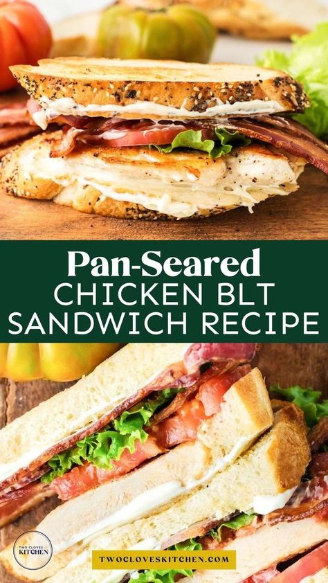 Easy and yummy pan-seared chicken BLT sandwich! Add this to your summer recipes for a delicious and simple weeknight meal. This chicken BLT is a take on a classic BLT that includes some extra protein from pan-seared or grilled chicken breast. With crispy bacon, perfectly cooked chicken, creamy mayo, vibrant lettuce leaves, and fresh, juicy marinated tomatoes, this is a balanced and delicious sandwich you're going to love. How to make a grilled chicken BLT sandwich. Sandwich Recipes Chicken, Chicken Blt Sandwich, Blt Chicken Salad, Blt Chicken, Chicken Breast Sandwich, Chicken Blt, Bacon Lettuce Tomato, Marinated Tomatoes, Grilled Chicken Breast