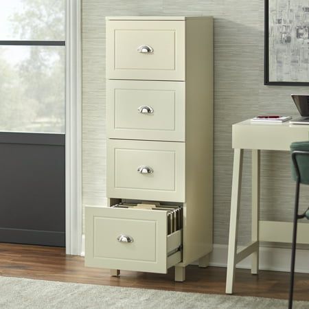 Keep important documents easily organized with this four-drawer filing cabinet. This vertical filing cabinet is constructed from engineered wood to provide years of durable use. The modern design makes this piece the perfect addition to your workspace. Color: White. Wood Filing Cabinet, Filing Cabinet Organization, 4 Drawer File Cabinet, File Cabinet Makeover, Home Office Filing Cabinet, 3 Drawer File Cabinet, Office Files, Drawer Filing Cabinet, Cabinet Bed