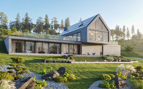 Modern Barn II [FULL CGI] Modern Rural Architecture, Barn House Architecture, Modern Barn House Exterior, Contemporary Barn House, Rural House Design, Modern Rural House, Aesthetic House Design, Modern Barn House Plans, House Design Aesthetic