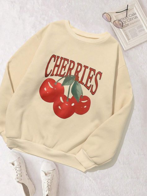 Cherry & Letter Printed Crew Neck Sweatshirt | SHEIN USA Fruit Clothes, Goth Casual, Shein Finds, Women Sweatshirts, Heavy Knit, Kids Pants, Casual Sweatshirt, Printed Sweatshirts, Long Sleeve Knit