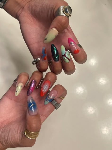 Eclectic Acrylic Nails, Tokyo Nails Street Styles, Maximalist Nail Design, Mismatched Nail Designs, Chaos Nails, Mismatched Nails Summer, Mismatch Nail Designs, Colorful Abstract Nails, Short Maximalist Nails