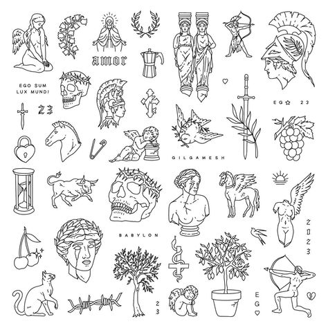 Patchwork Tattoo Sheet, Mythology Inspired Tattoos, Men’s Patchwork Tattoos Simple, Patch Work Sleeve, Female Arm Tattoos, Mythology Symbols, Greece Tattoo, Greek Tattoo, Roman Tattoo