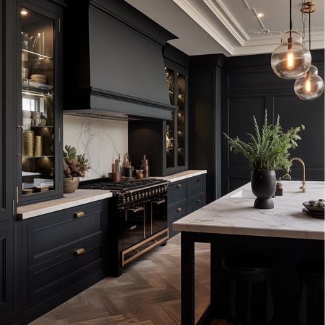 25 Black Kitchen Cabinets Ideas You'll Love Black Kitchen With Brick Backsplash, Black Kitchen Cabinets With Brick Wall, Dark Kitchen Hood, Black Kitchen Remodel Ideas, Rock Bottom Kitchen Cabinets, Black Kitchen Cabinets Gold Handles, Black Classic Kitchen, Dark Transitional Kitchen, Bm Iron Mountain Cabinets