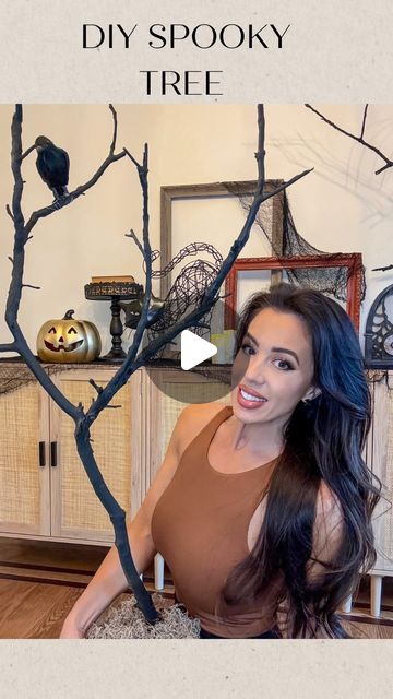 Tree Limb Halloween Decor, Halloween Stick Tree, Black Tree Branches Halloween, Halloween Branches Porch, Halloween Branch Tree, Diy Halloween Branch Tree, Halloween Branches Diy, Black Branches Halloween, Black Halloween Tree Decorating Ideas