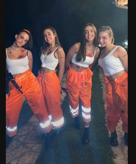 Trio Halloween Costumes Cops And Robbers, Duo Halloween Costumes Prisoner, Hot Robber Halloween Costume, Orange Prisoner Costume Woman, Robber Costumes For Women, Halloween Prisoner Makeup, Escaped Convict Costume, Prisoner Costume Ideas, Halloween Prisoner Costume Woman