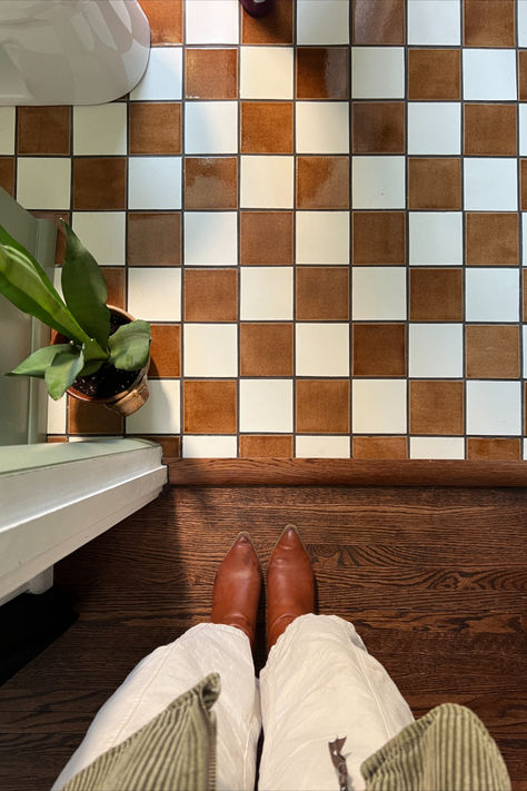 Our checkerboard tile comes glues to mesh sheets to make installation simple and headache free! This stunning light brown hazelnut checker floor add a touch of vintage character even the smallest of spaces. Checkered Mosaic Tile, Checkered Fireplace Hearth, Brown Checkered Tile, Brown And White Tile Bathroom, Funky Floor Tile, Large Checkered Tile Floor, Checker Floor Bathroom, Brown And White Checkered Floor, Bathroom Checkered Floor