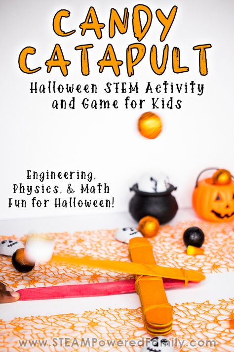 Put those engineering skills to work with this classic STEM activity with a fun and sweet Halloween twist! Candy Catapult is a MUST DO activity this October. It is a fantastic STEM project for kids. Not only do they engineer and construct their catapults, but then they can work to understand the physics to fine tune the aiming and get that candy in the pumpkin or cauldron. Candy Catapults make a fun Halloween Party Game too! #Halloween #HalloweenGame #STEM #Candy #Catapult Pumpkin Candy Catapult, Pumpkin Launcher Catapult, Candy Catapult, Pumpkin Catapult, Catapult For Kids, Candy Delivery, Popsicle Stick Catapult, Math And Physics, Halloween Stem Activities