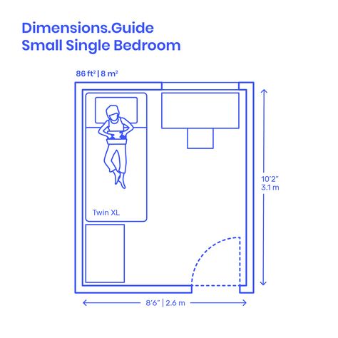 Small Single Bedroom layouts are recommended strategies for organizing bedrooms based on the standard dimensions of a Small Single Bed. Typically used for space efficient minimal individual or shared bedrooms, Small Single Bedrooms should have minimum floor plan areas of around 86 ft2 | 8 m2. Downloads online #bedroom #beds #architecture #interiordesign #homedesign Small Single Bedroom, Small Single Bed, Small Bedroom Layout, Small Floor Plans, Bedroom Size, Shared Bedroom, Bedroom Dimensions, Bedroom Floor Plans, Single Bedroom