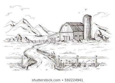 Farm Drawing, Town Drawing, Village Drawing, Landscape Field, Mountain Sketch, Cityscape Drawing, Barn Wall Art, Field House, Mountain Drawing