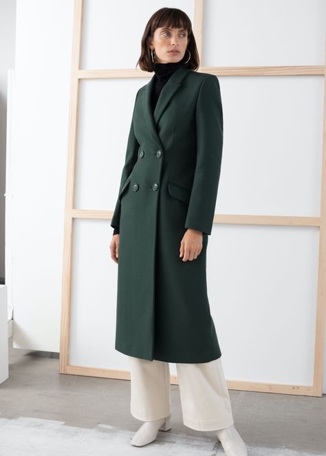 & Other Stories Double Breasted Tailored Coat $279 Mcqueen Dress, Long Coat Jacket, Trouser Outfits, Tailored Coat, Paris Outfits, Green Coat, Chic Outfit, Double Breasted Coat, Fashion Story