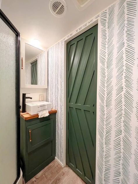 8 Awesome Camper Shower Makeover Ideas | RV Inspiration Camper Door Makeover, Door Makeover Ideas, Rv Lighting Fixtures, Rv Wallpaper, Shower Makeover, Rv Inspiration, Camper Bathroom, Rv Interior Remodel, Static Caravan