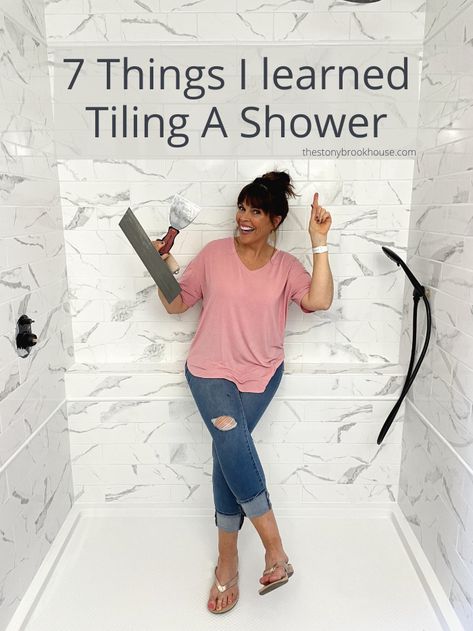 7 Things I learned Tiling A Shower Shower Retile Diy, Easy Tile Shower Diy, Easy Clean Shower Tile, Shower Tile Ideas Easy To Clean, Shower Tile Easy To Clean, Replacing Shower Insert, Tiling Shower Floor, Retiling Bathroom Shower Wall Tiles, Easy To Clean Bathroom Tile