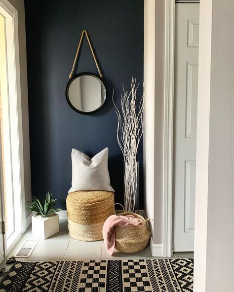 Redid our entryway it in Benjamin Moore’s Hale Navy Bedroom Inspirations Navy, Navy White Bedroom, Accent Wall Hallway, Navy Accent Wall, Entryway Colors, Navy Accent Walls, Accent Wall Entryway, Blue Hallway, Wall Entryway