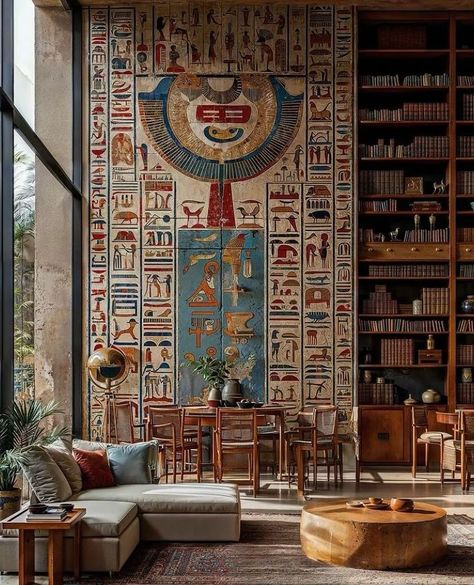 . . 📷 @hsnrgb 👏👏👏 . #libraries #librarylove #cozyreads #librariesofinstagram #librarydesign #bookworld #fortheloveofreading #bookaholics… | Instagram Egyptian Background, Greek Home Decor, Minimalism Architecture, Egyptian Furniture, Egyptian Home Decor, Interior Design History, Aspire To Inspire, Egyptian Design, Supermarket Design