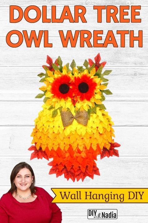 Dollar Tree Maple leaf Owl easy DIY Tutorial Owl Wreath, Fall Owl, Owl Wreaths, Dollar Tree Fall, Thanksgiving Decorations Diy, Owl Crafts, Wreath Wall, Wall Hanging Diy, Leaf Wreath