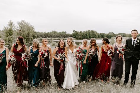 Bridal party in moody jewel tones, BHLDN opaline wedding dress, tullymore golf resort in Canadian lakes Michigan, bridesman In bridal party, DIY bouquets, fall wedding, mix match bridesmaid dresses Jewel Tone Bridesmaid Dresses, Jewel Tone Bridesmaid, Handfasting Dress, Bridesmaid Dress Color Schemes, Mix Match Bridesmaids, Fall Bridesmaids, Fall Bridesmaid Dresses, Bridal Party Outfit, Jewel Tone Wedding