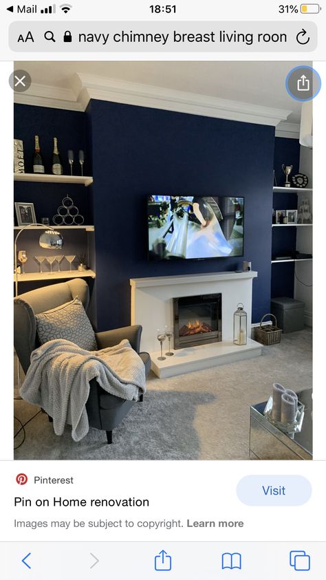 Royal Blue Lounge, Midnight Blue Living Room, Terrace House Interior, Royal Blue Walls, Navy Lounge, Blue Walls Living Room, Navy Living, House Lounge, Cozy Sitting Area