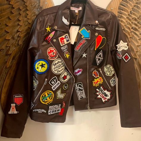 Hot And Delicious Vegan Leather Moto Jacket . Patches Are Amazing : Various Embroidered: Rhinestone Metallic. Etc Nwt Leather Jacket With Pins, Leather Jacket With Patches, Jackets With Patches, Swim 2024, Leather Jacket Patches, Senior Homecoming, Senior Jackets, Painted Leather Jacket, Jacket With Patches