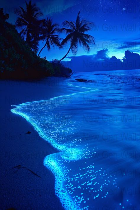 Enhance your space with this stunning digital download of a bioluminescent beach glow under a serene night sky. This tropical beach wall art features a mesmerizing blue seashore, perfect for bringing a sense of tranquility and natural beauty to any room. Ideal for home, office, or as a gift for beach lovers. Bioluminescent Ocean, Glow Ocean, Glowing Beach, Glowing Ocean, Preppy Pics, Beach Glow, Beach Backdrop, Beach Cove, Ocean At Night