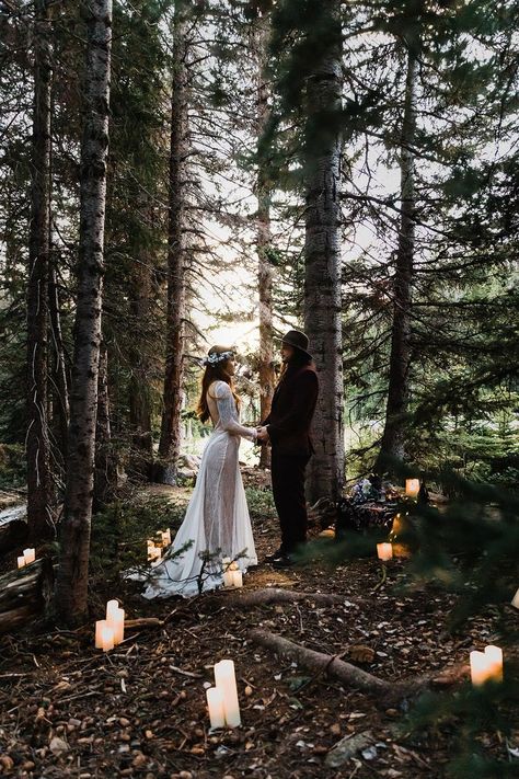 Forest Wedding Elopement, Moody Mountain Elopement, Forest Vow Renewal, Sunrise Wedding Ceremony, Intimate Vow Renewal Ideas, Candlelit Elopement, Mountain Vow Renewal, Camping Elopement, Elopement Vows